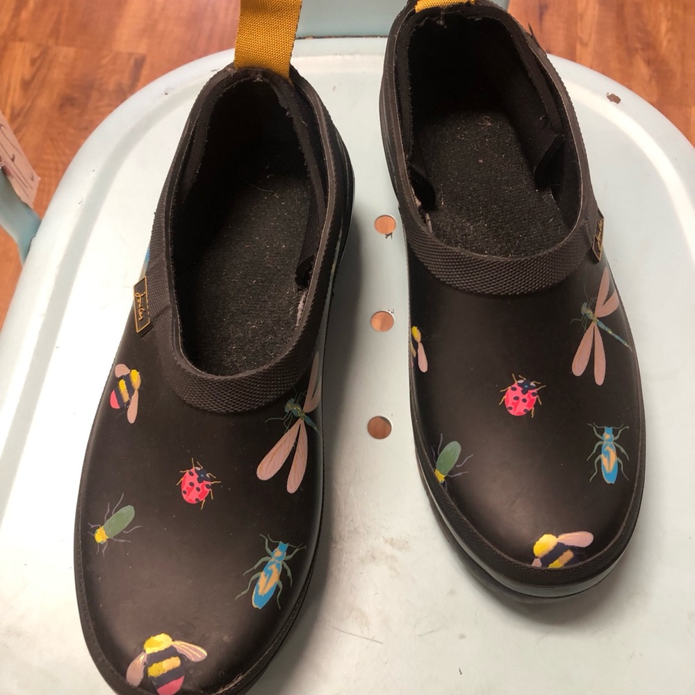 Joules Black Slip-On Kids Rain Shoes with Colorful Bug Print